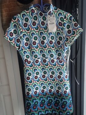 Zara Geometric Hexagon Mini Dress in White, Blue, Green, Red